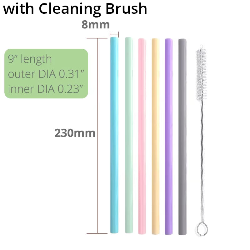 Reusable Silicone Drinking Straws , Big Size Flexible Straws with Cleaning Brush for Toddlers & Kids- 6 Pieces(Colours May Vary)