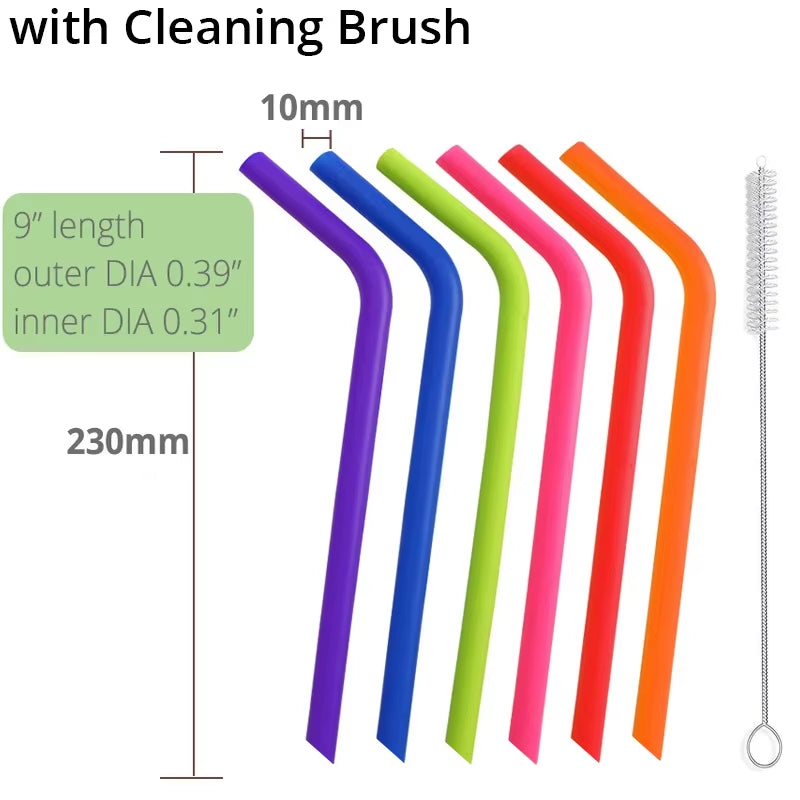 Reusable Silicone Drinking Straws , Big Size Flexible Straws with Cleaning Brush for Toddlers & Kids- 6 Pieces(Colours May Vary)