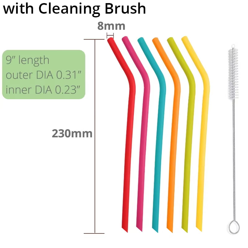 Reusable Silicone Drinking Straws , Big Size Flexible Straws with Cleaning Brush for Toddlers & Kids- 6 Pieces(Colours May Vary)