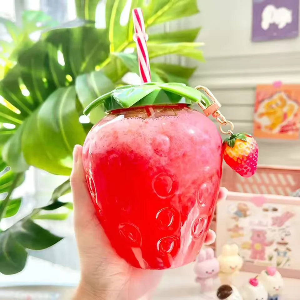 Cute Strawberry Water Bottle with Straw & Pendant 500ml