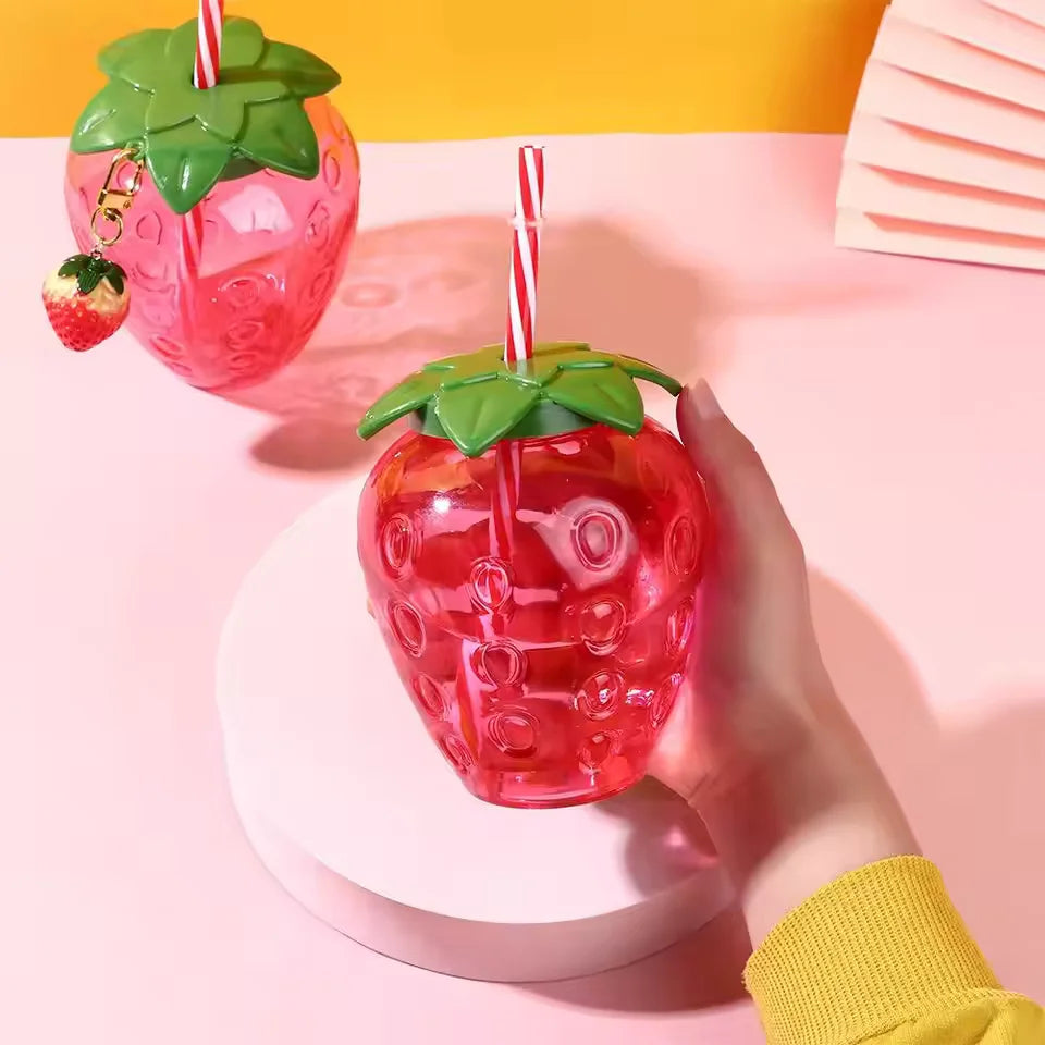 Cute Strawberry Water Bottle with Straw & Pendant 500ml