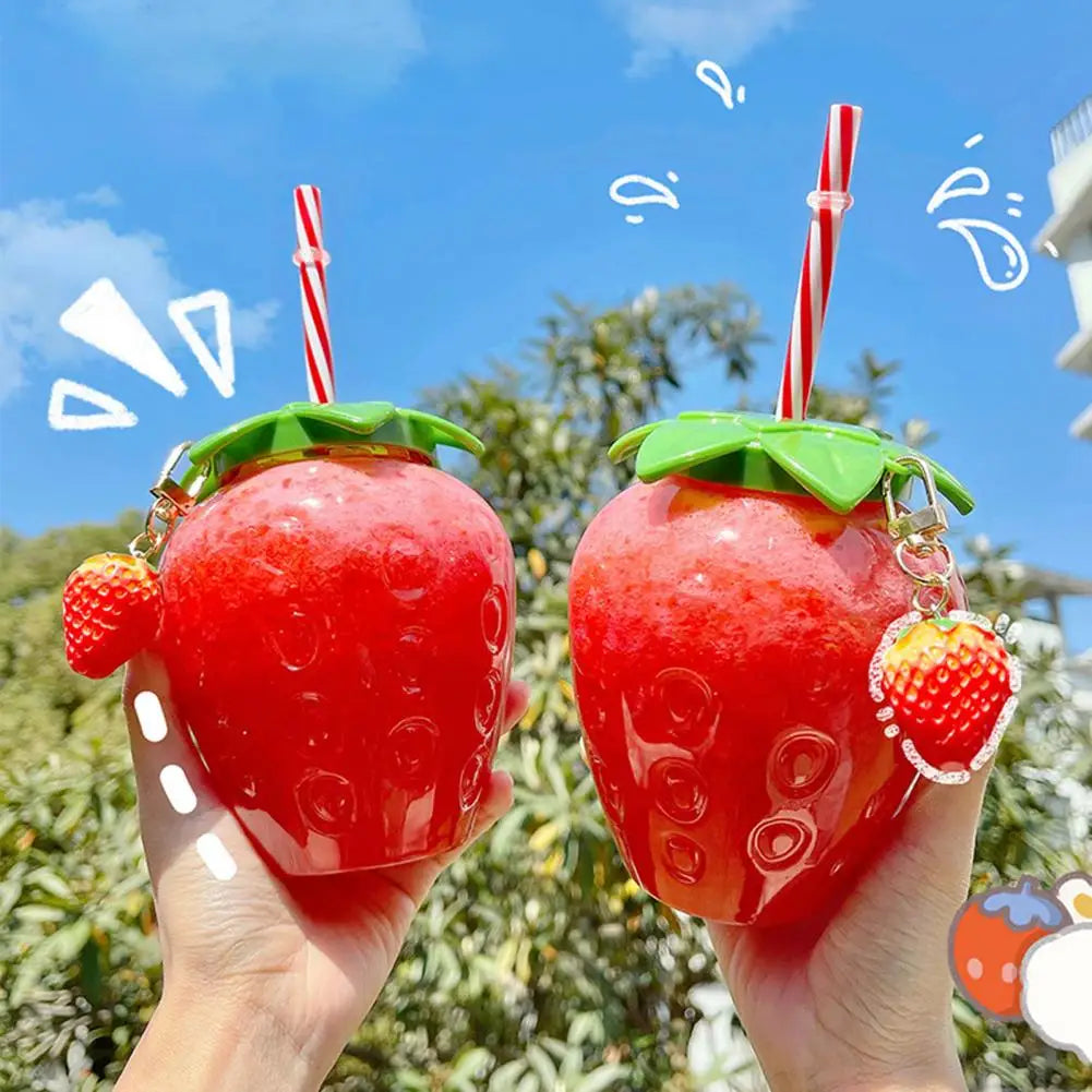 Cute Strawberry Water Bottle with Straw & Pendant 500ml