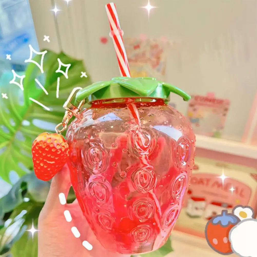 Cute Strawberry Water Bottle with Straw & Pendant 500ml