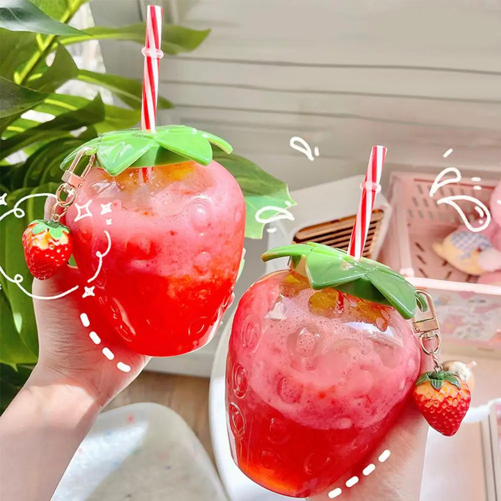 Cute Strawberry Water Bottle with Straw & Pendant 500ml