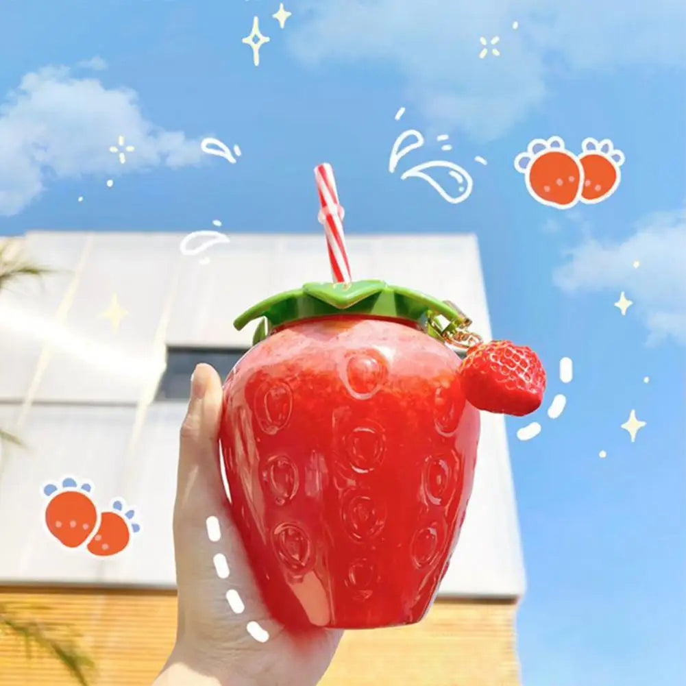 Cute Strawberry Water Bottle with Straw & Pendant 500ml