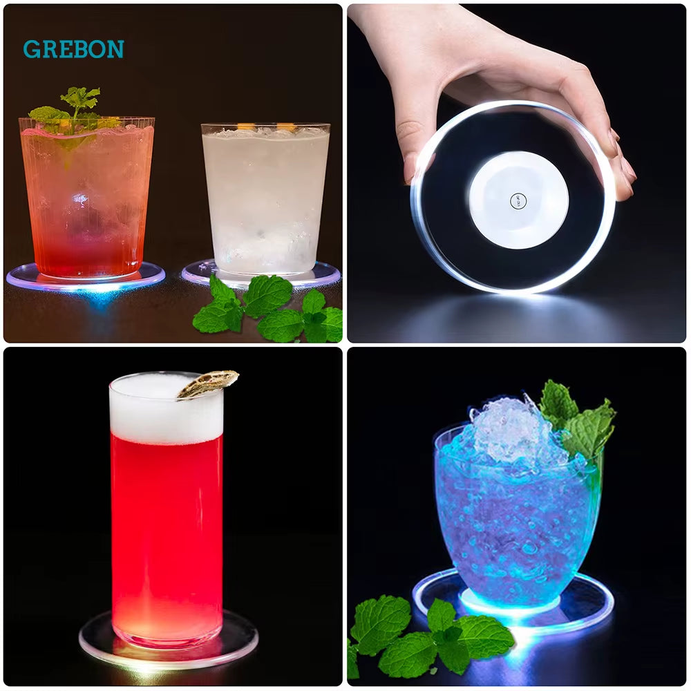 Led Coaster Cup Holder Mug Stand Light Bar Mat Table Placemat Party Drink Glass Creative Pad round Home Decor Kitchen 7 Color