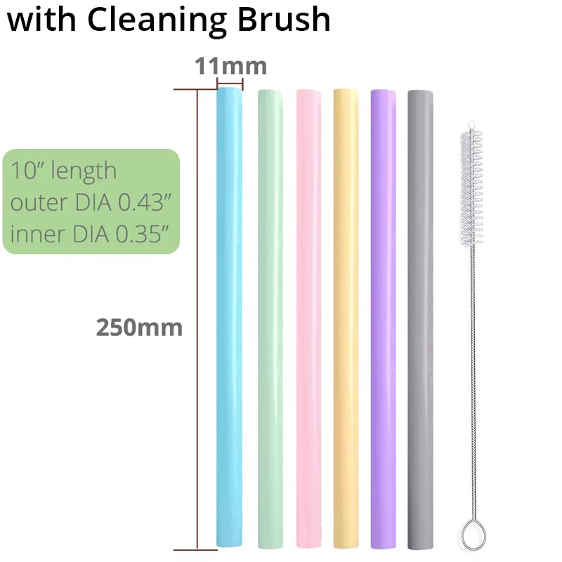 Reusable Silicone Drinking Straws , Big Size Flexible Straws with Cleaning Brush for Toddlers & Kids- 6 Pieces(Colours May Vary)