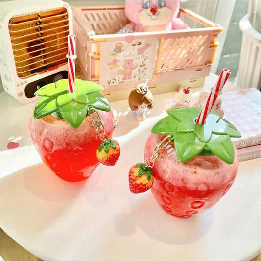 Cute Strawberry Water Bottle with Straw & Pendant 500ml